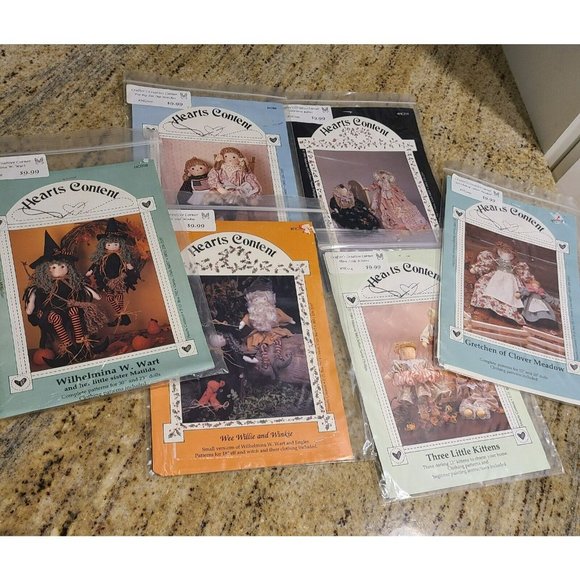 Vtg Hearts Content SEWING Doll PATTERNS Lot of 6. Wilhelmina Wee Willy Kittens - Picture 1 of 8